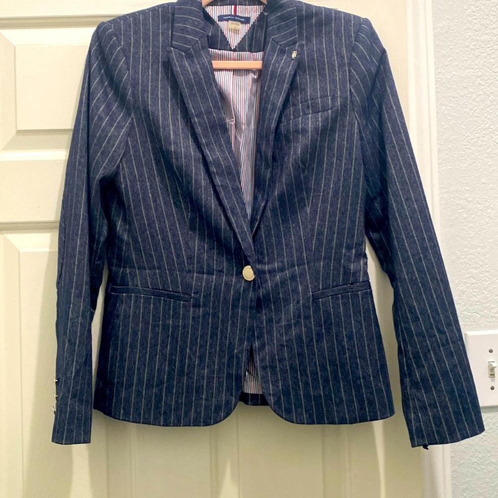 Tommy Hilfilger vertical striped denim suit jacket